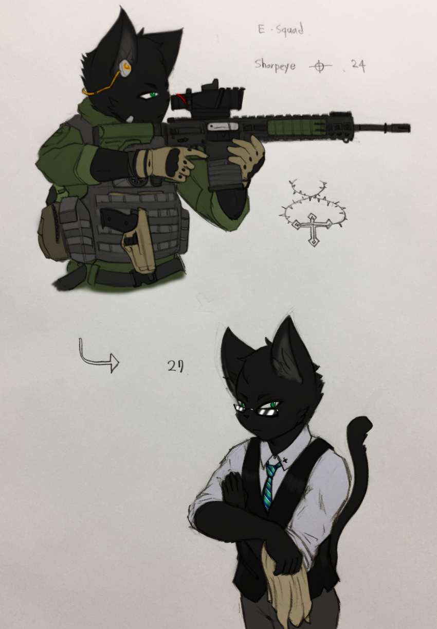 absurd_res anthro clothed clothing domestic_cat eyewear felid feline felis glasses gun handgun hi_res male mammal mercenary military necktie ranged_weapon soldier solo suit vincent_deacon_mcloughlin warrior weapon zhs zzinhimsum