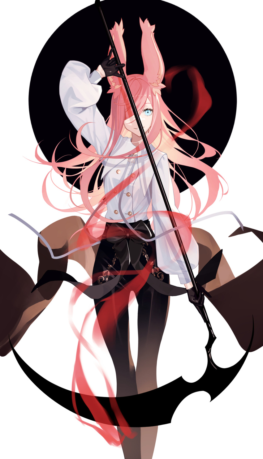 animal_ear_fluff animal_ears bad_id bad_pixiv_id black_background black_gloves black_pants blue_eyes bow commentary female gloves grin hair_over_one_eye half_gloves highres holding holding_scythe long_hair looking_at_viewer original pants pink_hair scythe shirt smile solo symbol-only_commentary tsuki-shigure two-tone_background waist_bow weapon white_background white_shirt