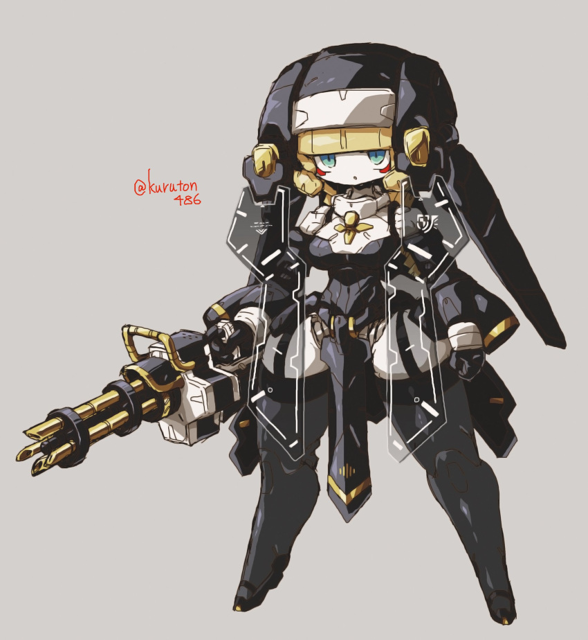 :o android blue_eyes breasts clenched_hand female grey_background gun highres holding holding_gun holding_weapon kuruton486 medium_breasts metal_skin original science_fiction solo twitter_username weapon wide_hips