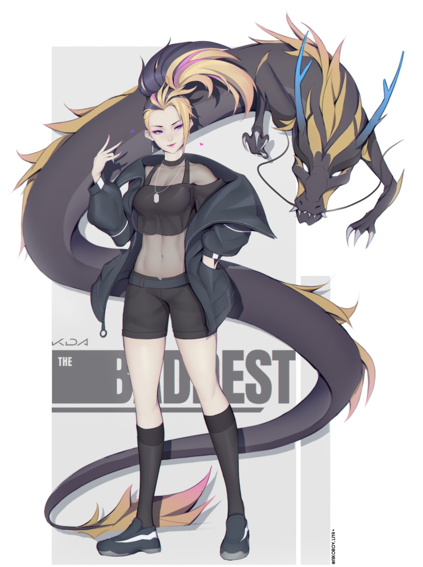 absurdres akali baseball_cap black_choker black_footwear black_jacket black_shorts black_socks blonde_hair breasts choker claws collarbone commentary crop_top dragon earrings eastern_dragon female full_body hair_up hat high_ponytail highres jacket jewelry k/da_(league_of_legends) kneehighs league_of_legends liya_nikorov long_hair looking_at_viewer midriff multicolored_hair nail_polish navel necklace off_shoulder open_clothes open_jacket photoshop_(medium) ponytail purple_hair shoes shorts smile sneakers socks solo standing stomach the_baddest_akali