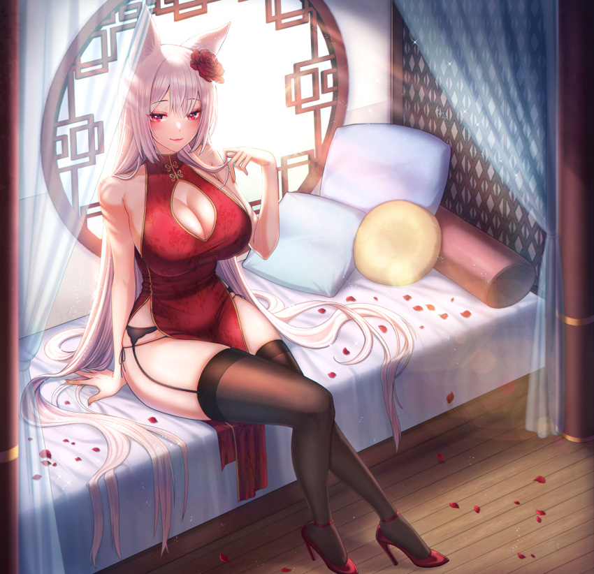 animal_ears bare_shoulders bed black_thighhighs blush breasts china_dress chinese_clothes cleavage cleavage_cutout clothing_cutout commission dress female flower garter_belt hair_flower hair_ornament halterneck high_heels highres indoors large_breasts looking_at_viewer original pillow playing_with_own_hair raoul_(raoul77) red_eyes red_footwear seductive_smile side_slit sitting smile solo thighhighs thighs white_hair