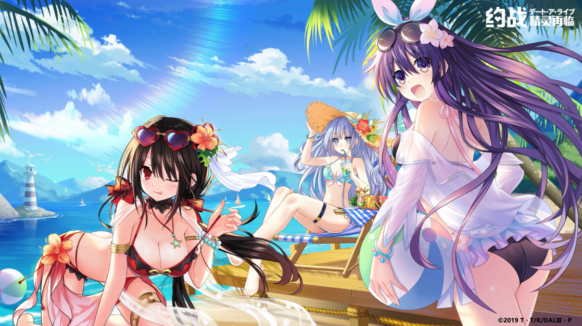 2019 3girls :d ;q absurdres all_fours armlet artist_request ball beachball bikini bird black_bikini black_choker black_hair blue_bikini blue_ribbon blue_sky bow bow_hairband bracelet breasts choker cleavage cloud collarbone date_a_live day eyewear_on_head floating_hair flower front-tie_bikini_top front-tie_top glasses grey_eyes grey_hair hair_between_eyes hair_flower hair_ornament hairband hairbow hat hat_flower hat_ribbon heart heart-shaped_eyewear hibiscus highres izayoi_miku jewelry long_hair looking_at_viewer medium_breasts multiple_girls necklace ocean off-shoulder_shirt off_shoulder one_eye_closed open_clothes open_mouth open_shirt outdoors pink_ribbon purple-tinted_eyewear purple_eyes purple_hair red-framed_eyewear red_bikini red_bow red_eyes red_flower ribbon shirt shoulder_blades sky smile star_(symbol) star_necklace straw_hat sun_hat sunglasses swimsuit thighlet tinted_eyewear tokisaki_kurumi tongue tongue_out twintails very_long_hair white_bow white_flower white_hairband white_shirt yatogami_tooka yellow_headwear