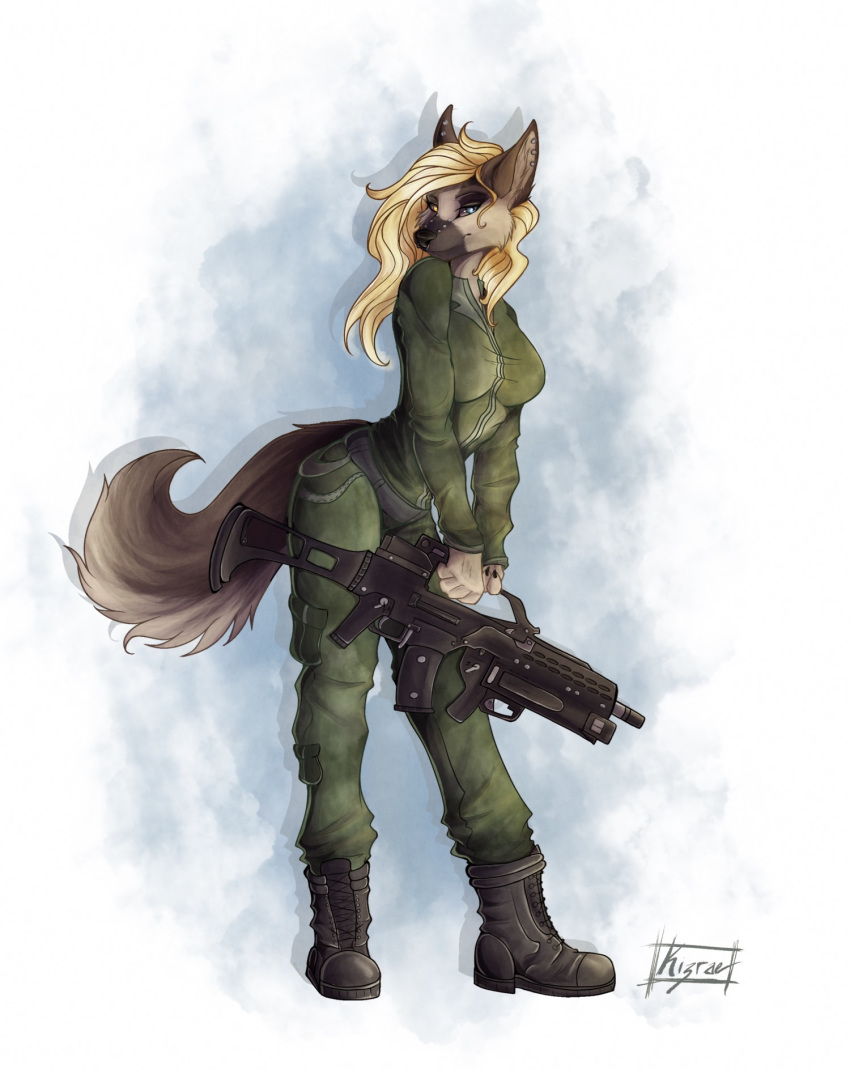 anthro blonde_hair breasts canid canine canis clothed clothing domestic_dog female fully_clothed g36 german_shepherd glowing glowing_eyes gun hair herding_dog heterochromia hi_res kizrae looking_at_viewer mammal muscular muscular_anthro muscular_female natasha_klopov pastoral_dog piercing ranged_weapon rifle simple_background smile solo standing uniform weapon