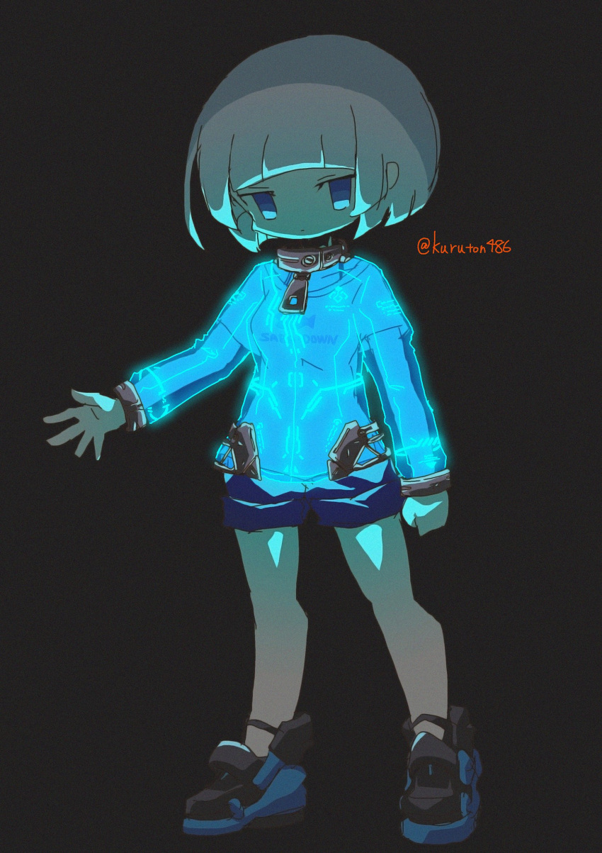 black_background black_footwear black_shorts blue_eyes blue_jacket clenched_hand collar collarbone female glowing_clothes grey_hair hair_behind_ear highres jacket kuruton486 looking_at_viewer open_hand original shirt shorts solo standing white_shirt