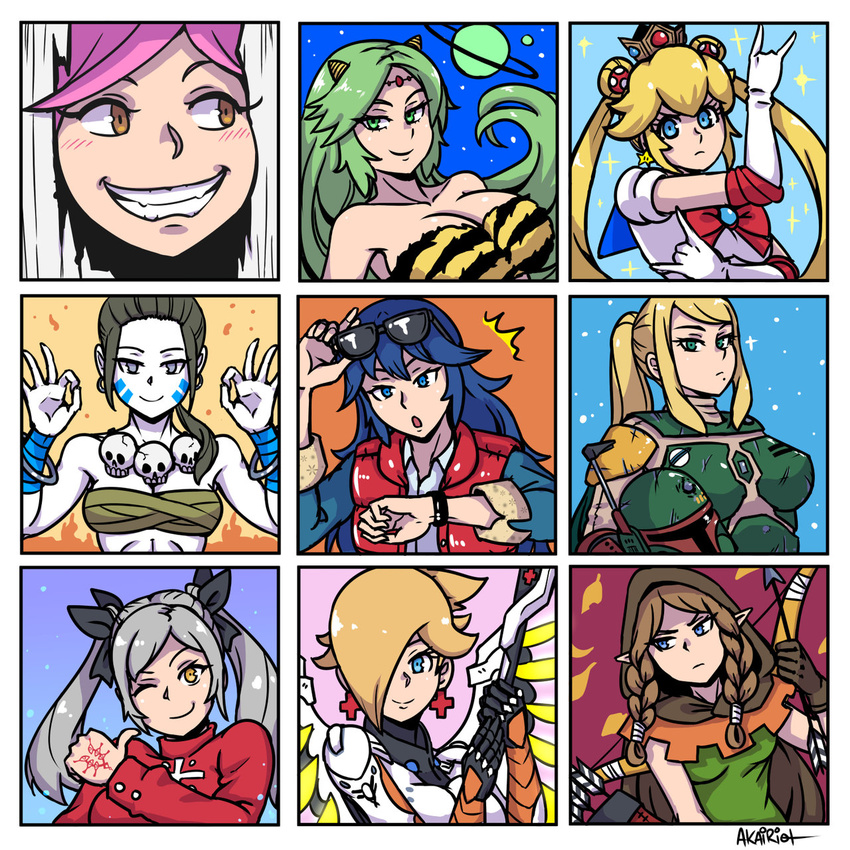 akairiot back_to_the_future bishoujo_senshi_sailor_moon black_hair blonde_hair blue_eyes blue_hair blue_sailor_collar blush boba_fett boba_fett_(cosplay) bow breasts brown_hair collage command_spell cosplay dhalsim dhalsim_(cosplay) doubutsu_no_mori dragon's_crown elf_(dragon's_crown) elf_(dragon's_crown)_(cosplay) fate/stay_night fate_(series) female_my_unit_(fire_emblem:_kakusei) fire_emblem fire_emblem:_kakusei gloves green_eyes green_hair hair_ornament hair_over_one_eye helmet here's_johnny! highres horns kid_icarus kid_icarus_uprising large_breasts long_hair looking_at_viewer lucina lum lum_(cosplay) mario_(series) marty_mcfly marty_mcfly_(cosplay) medium_breasts mercy_(overwatch) mercy_(overwatch)_(cosplay) multiple_girls my_unit_(fire_emblem:_kakusei) one_eye_closed open_mouth overwatch palutena pink_hair pointy_ears ponytail pose princess_peach princess_zelda rosetta_(mario) sailor_collar sailor_moon sailor_moon_(cosplay) sailor_senshi_uniform samus_aran short_hair silver_eyes skull_necklace smile star_wars street_fighter sunglasses super_smash_bros. the_legend_of_zelda the_legend_of_zelda:_twilight_princess the_shining thumbs_up tohsaka_rin toosaka_rin_(cosplay) twintails urusei_yatsura villager_(doubutsu_no_mori) watch white_hair wii_fit wii_fit_trainer yellow_eyes