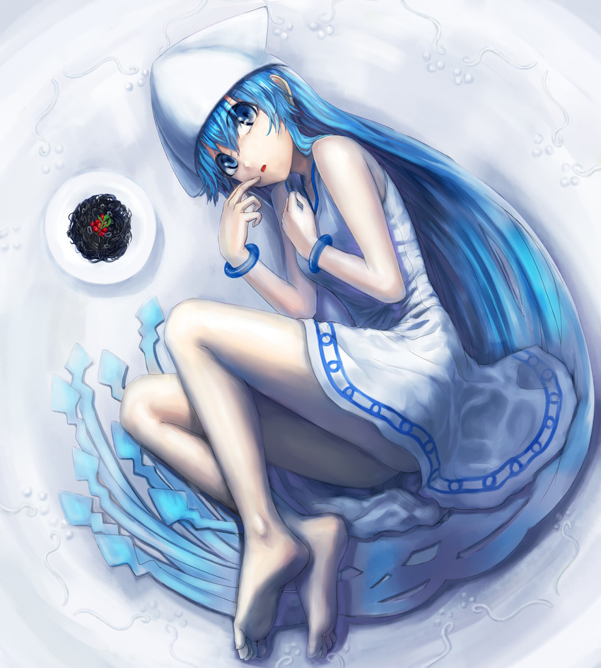 barefoot black_spaghetti blue_eyes blue_hair chourui_keiko commentary_request dress feet female food hat highres ikamusume ink long_hair lying pasta shinryaku!_ikamusume solo spaghetti tentacle_hair