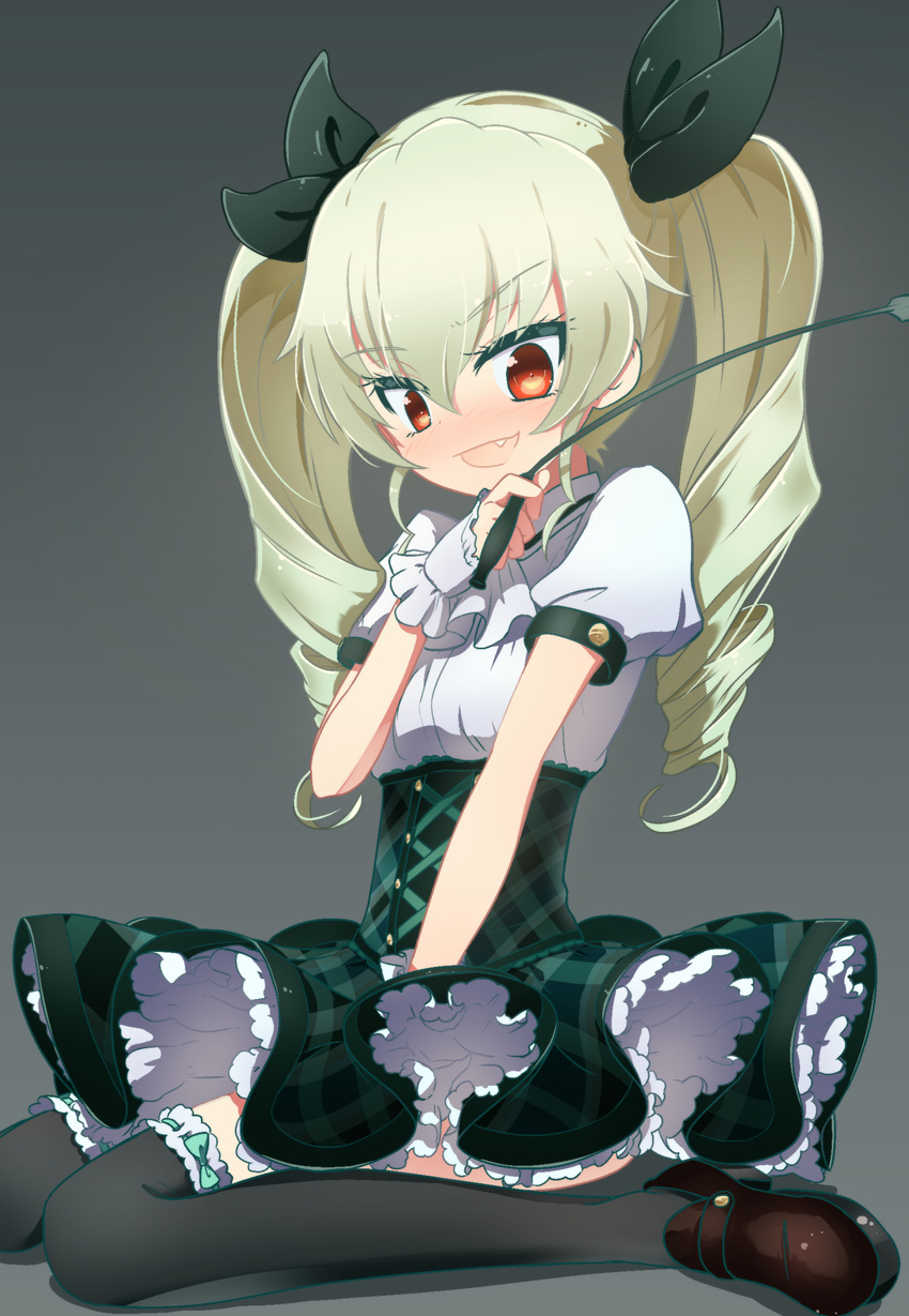 absurdres aikatsu! aikatsu!_(series) alternate_costume anchovy_(girls_und_panzer) ascot bad_id bad_pixiv_id black_footwear black_ribbon black_thighhighs blush commentary cosplay dress drill_hair female frilled_thighhighs frills full_body girls_und_panzer green_dress green_hair grey_background hair_ribbon highres holding holding_riding_crop idol loafers long_hair looking_at_viewer oerba_yun_fang open_mouth petticoat puffy_short_sleeves puffy_sleeves red_eyes ribbon riding_crop ruru_ashihara shoes short_dress short_sleeves simple_background sitting smile solo thighhighs todo_yurika todo_yurika_(cosplay) twin_drills twintails wariza white_ascot