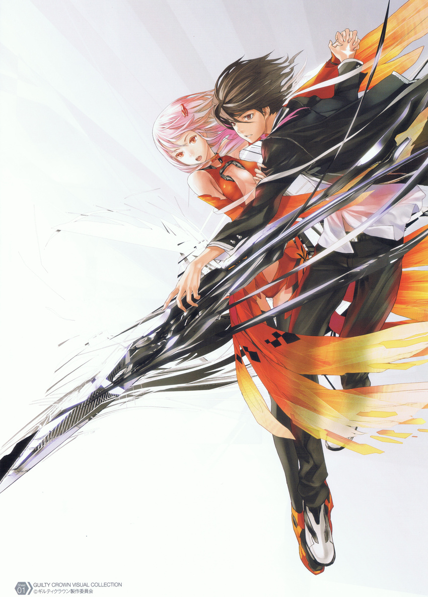 1boy absurdres brown_hair e female guilty_crown highres long_hair multi-colored_hair multicolored_hair ouma_shu ouma_shuu pink_hair redjuice short_hair twintails yuzuriha_inori