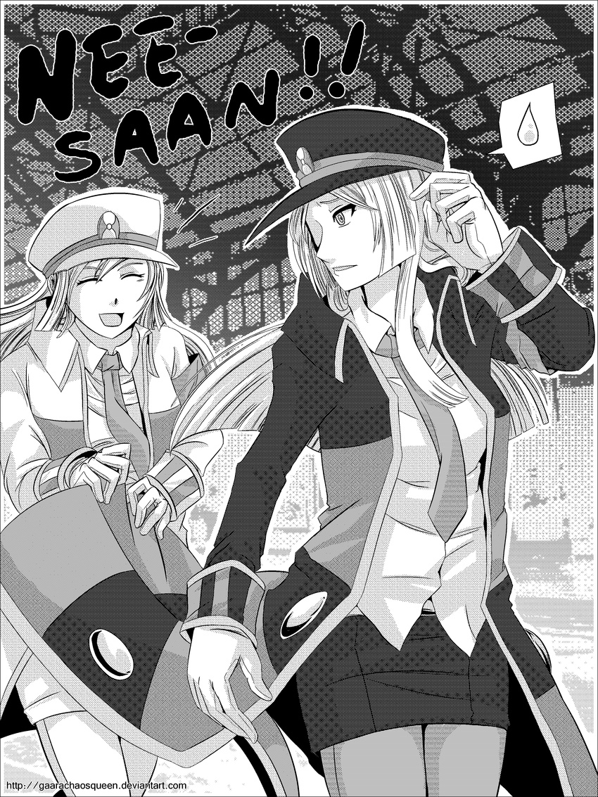 2girls absurdres bad_id bad_pixiv_id closed_eyes commentary_request emmet_(pokemon) gaarachaosqueen genderswap_(mtf) greyscale hat highres ingo_(pokemon) long_coat long_hair monochrome multiple_girls necktie pantyhose peaked_cap pokemon pokemon_bw rule_63 skirt speech_bubble watermark web_address