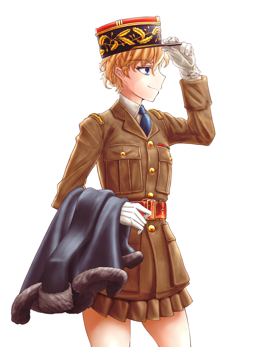 adjusting_clothes adjusting_headwear asparagus_(girls_und_panzer) bc_freedom_military_uniform blonde_hair blue_eyes coat commentary_request cowboy_shot dorotabou_(dieter) dress_shirt female girls_und_panzer girls_und_panzer_ribbon_no_musha gloves hat highres holding jacket kepi long_sleeves looking_away military military_hat military_uniform miniskirt necktie pelisse pleated_skirt shirt short_hair skirt smile solo standing uniform white_background white_gloves