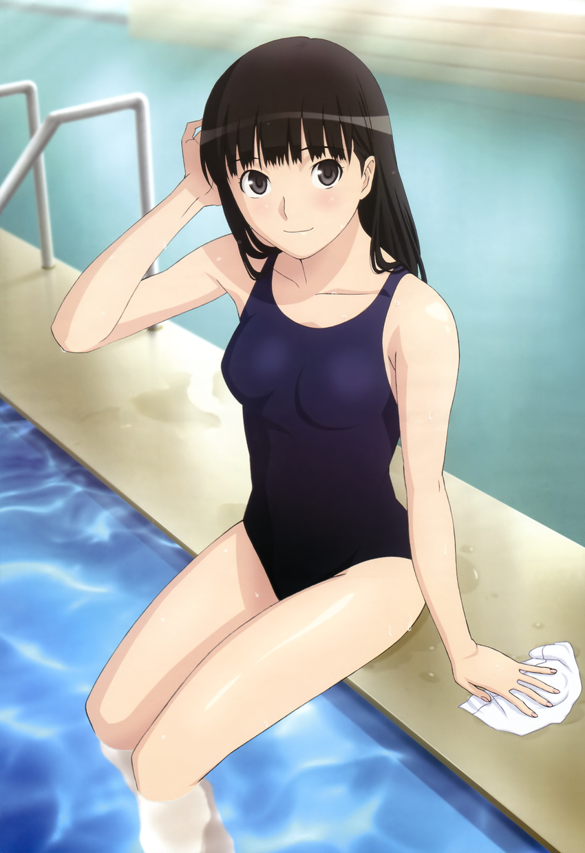 absurdres amagami ayatsuji_tsukasa black_eyes black_hair blush competition_swimsuit female hand_in_own_hair highres imageboard_desourced indoors long_hair new_school_swimsuit non-web_source nyantype official_art one-piece_swimsuit pool pool_ladder poolside refraction school_swimsuit sitting smile soaking_feet solo swimsuit tachikawa_seiji water wet