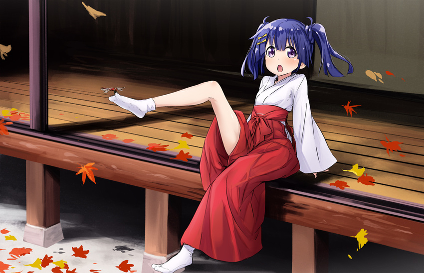 :o abe_kanari arm_support autumn_leaves blue_hair blush bow bug commentary_request dragonfly female foot_dangle full_body hair_ornament hairbow hakama hakama_skirt insect_on_toe japanese_clothes kusanagi_yuma leaf leg_lift leg_up legs long_sleeves looking_at_viewer maple_leaf miko outdoors photoshop_(medium) purple_eyes short_twintails sitting skirt sleeves_past_wrists socks solo soushin_shoujo_matoi surprised tabi thighs twintails veranda white_socks wooden_floor yellow_bow