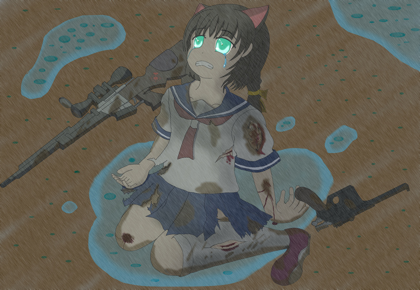 animal_ears black_hair blood braid cat_ears crying female from_above green_eyes gun guro hair_ribbon highres milly_(paperman) on_floor otoha007 pain paper_man paperman ribbon rifle school_uniform sitting tears torn_clothes twin_braids weapon