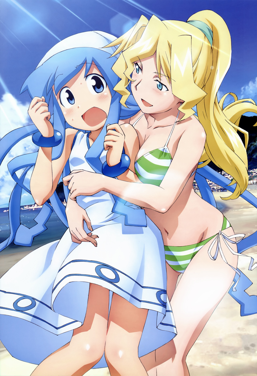 2girls absurdres beach bikini blonde_hair blue_eyes blue_hair breasts cindy_campbell cleavage cloud day hat highres ikamusume imageboard_desourced kohara_makoto long_hair medium_breasts multiple_girls non-web_source nyantype ocean official_art open_mouth outdoors ponytail scan shinryaku!_ikamusume side-tie_bikini_bottom sky small_breasts striped_bikini striped_clothes swimsuit tentacle water yuri