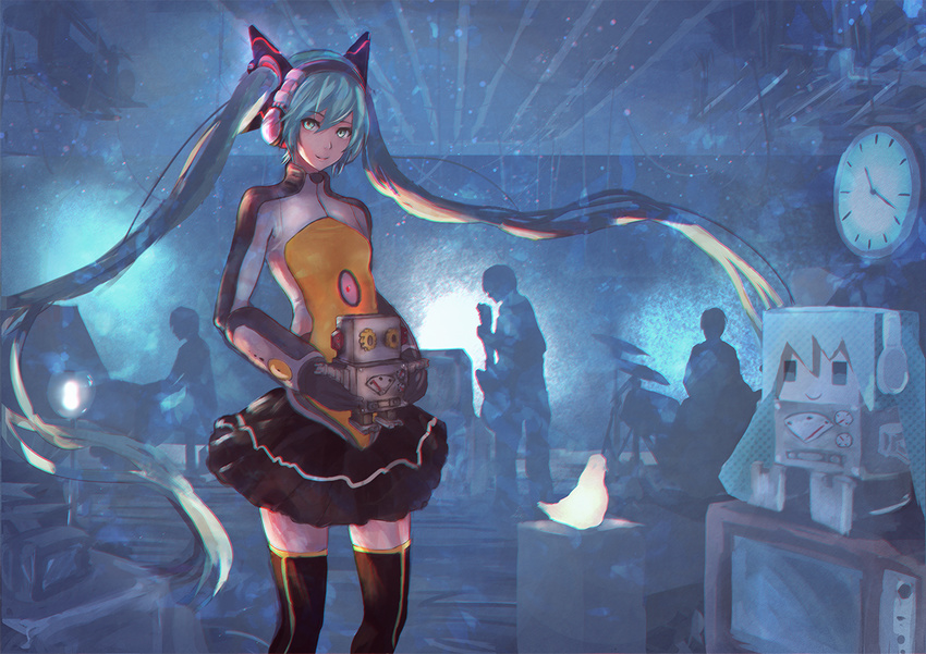 3boys aqua_hair baka2286 black_skirt black_thighhighs bodysuit clock commentary drum electric_guitar english_commentary female flat_chest gauntlets guitar hatsune_miku headgear headphones heartbeat_(module) indoors instrument lamp light long_hair looking_at_viewer multiple_boys odds_&_ends_(vocaloid) photoshop_(medium) piano real_life robot silhouette sitting skirt smile solo_focus supercell_(band) television thighhighs toy twintails very_long_hair vocaloid zettai_ryouiki