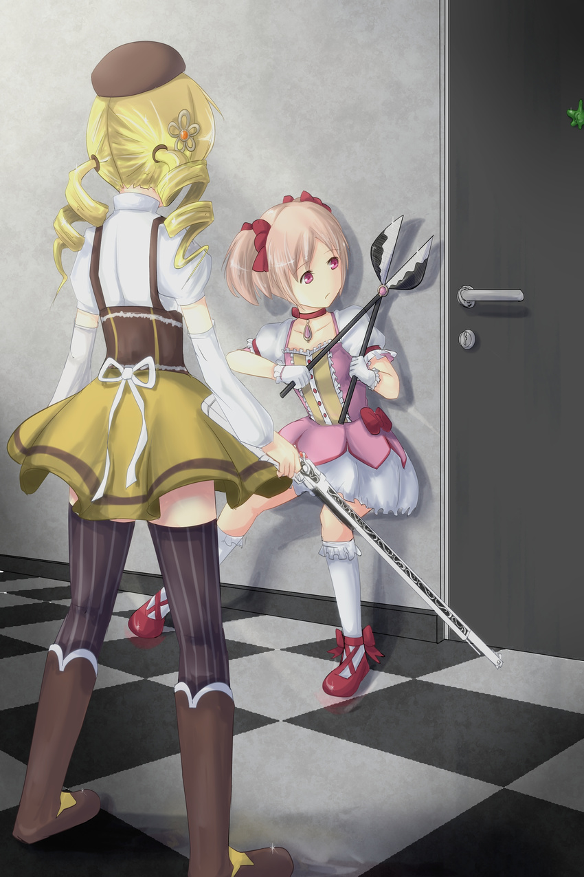 2girls absurdres bad_id bad_pixiv_id beret blonde_hair boots checkered_floor chewing_gum choker detached_sleeves door drill_hair from_behind gardening_shears gloves gun hair_ornament hairpin hat hedge_trimmer highres kaname_madoka kaname_madoka_(magical_girl) kneehighs kneepits leon_the_professional magical_girl magical_musket mahou_shoujo_madoka_magica mahou_shoujo_madoka_magica_(anime) multiple_girls no_nose parody pink_eyes pink_hair pleated_skirt polpon puffy_sleeves ribbon rifle shears shoes short_hair skirt socks sparkle striped_clothes striped_thighhighs thighhighs tomoe_mami tomoe_mami_(magical_girl) twin_drills twintails vertical-striped_clothes vertical-striped_thighhighs weapon white_gloves zettai_ryouiki