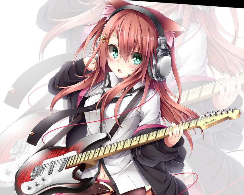 animal_ears aqua_eyes brown_hair catgirl cropped green_eyes guitar headphones instrument navel original seifuku skirt tie tyaba_neko