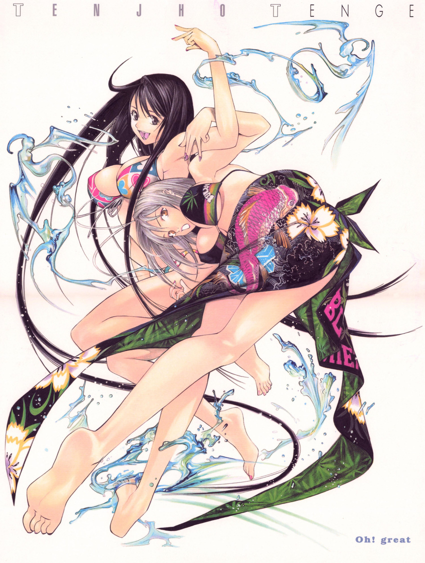 2girls absurdres barefoot bikini black_hair breasts brown_eyes cleavage feet hands highres legs lips long_hair multiple_girls natsume_aya natsume_maya oogure_ito silver_hair soles swimsuit tenjou_tenge toes water