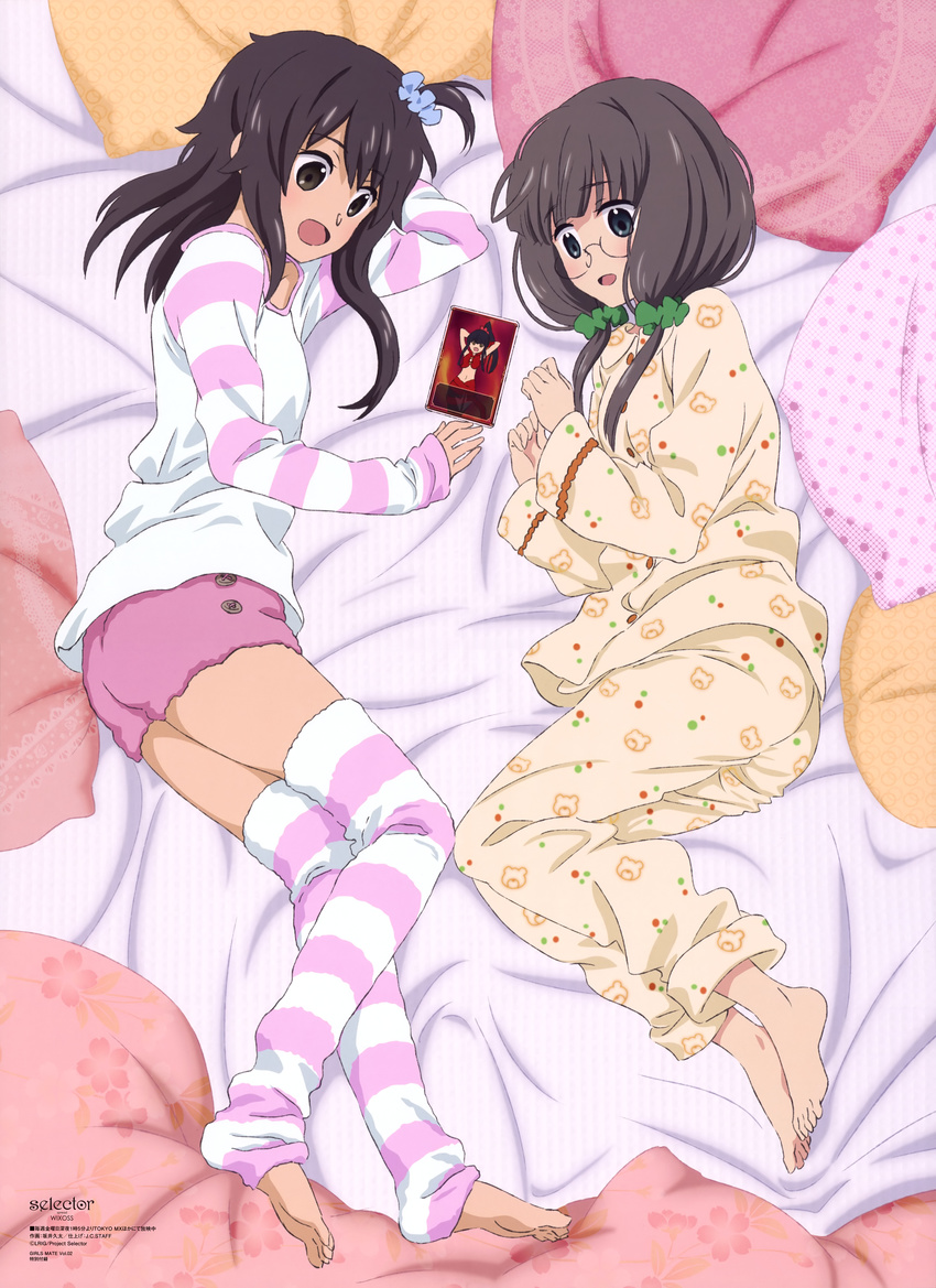 3girls :d absurdres barefoot black_hair brown_eyes brown_hair card feet fluffy_legwear friends girl_sandwich girls_mate glasses green_eyes highres kominato_ruuko lying multiple_girls non-web_source official_art on_side open_mouth pajamas sakai_kyuuta sandwiched selector_wixoss smile spoilers striped striped_leggings thighhighs toeless_legwear uemura_hitoe wixoss yuzuki_(wixoss)