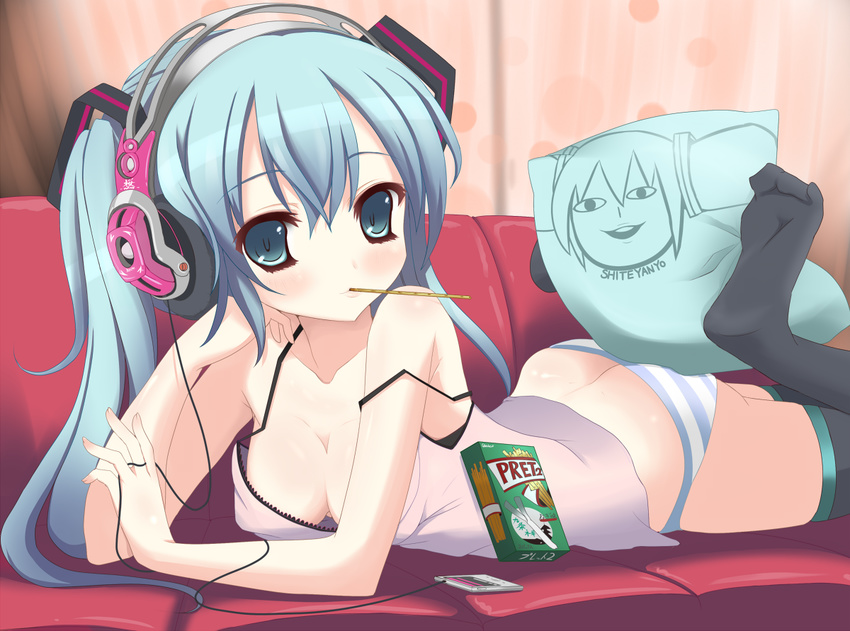 aqua_eyes aqua_hair breasts cleavage commentary_request couch digital_media_player female food hatsune_miku headphones kuronekogata long_hair lying medium_breasts mouth_hold off_shoulder on_stomach panties partial_commentary pillow shiteyan'yo solo striped_clothes striped_panties thighhighs twintails underwear vocaloid