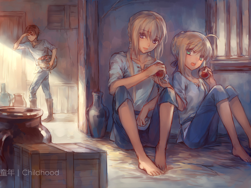 2girls apple barefoot bedivere blonde_hair boots braids fate/stay_night fate/zero fruit green_eyes kanmuri_(hanyifan30338) kay_(fate/stay_night) male purple_eyes saber type-moon