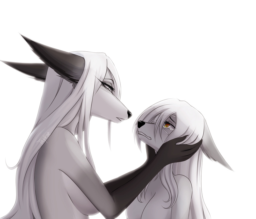 2018 5_fingers amber_eyes anthro black_nose canid canine digital_drawing_(artwork) digital_media_(artwork) duo female fingers hair mammal pale_eyes simple_background taykoe white_background white_hair