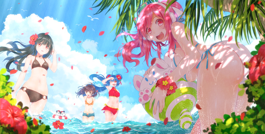 4girls absurdres black_hair blue_hair blush breasts brown_eyes commentary_request dappled_sunlight flower hair_flower hair_ornament hibiscus highres katoma kureha_(sound_voltex) large_breasts long_hair looking_at_viewer medium_breasts multiple_girls one_eye_closed open_mouth outdoors pink_eyes pink_hair rasis red_eyes small_breasts smile sound_voltex sunlight swimsuit tamaneko_(sound_voltex) tsubaki_(sound_voltex) twintails yamashina_kanade