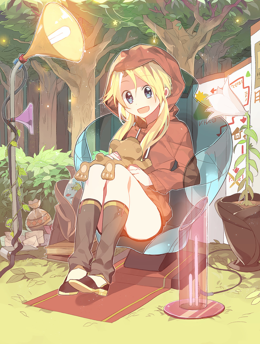 absurdres bad_id bad_pixiv_id bag blonde_hair blue_eyes female fish flower forest highres hood long_hair nature open_mouth original sennen_suisei sitting solo star_(symbol) stuffed_animal stuffed_toy