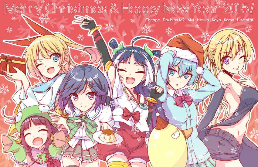 animal anthro christmas crossover doublas_m2 food goutokuji_kayo group himiko horns kamo_(sabagebu!) kirisaki_chitoge nisekoi no_bra nobunaga_the_fool robot_girls_z sabagebu! seifuku sora_from_france thighhighs trinity_seven wink