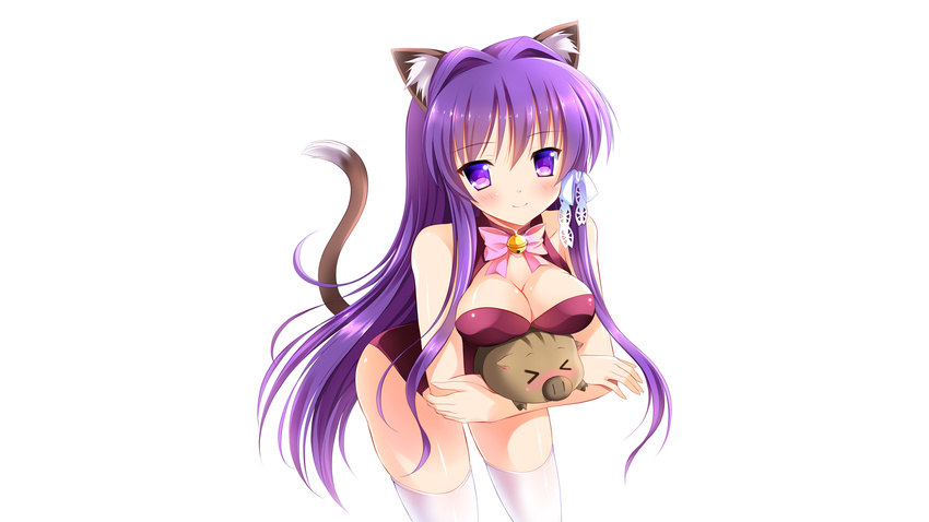 animal_ears botan breasts catgirl clannad cleavage collar fujibayashi_kyou leotard purple_eyes purple_hair tail thighhighs white yagami-all_hail_nana