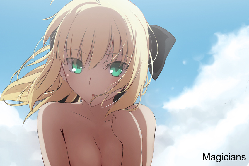 aqua_eyes blonde_hair bow breasts cleavage close fate/stay_night magicians saber short_hair sky topless