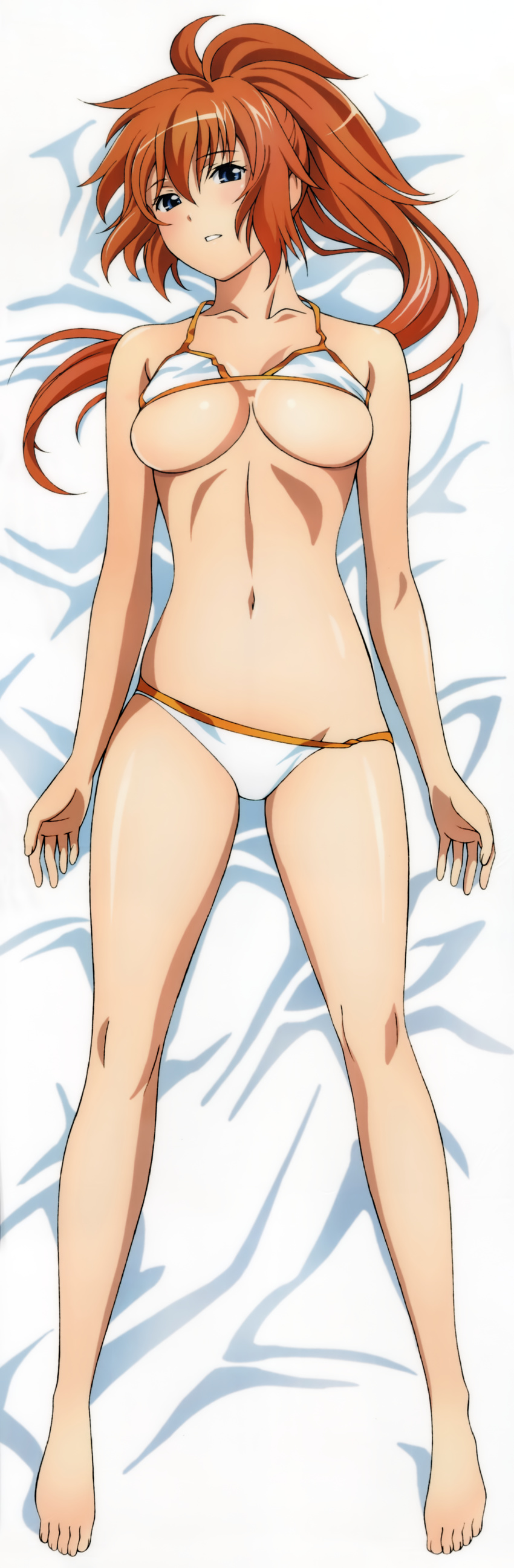 absurdres artist_request bikini bikini_top_lift blue_eyes blush breasts brown_hair cleavage clothes_lift dakimakura_(medium) female full_body highres large_breasts legs miyazawa_erena parted_lips ponytail sekai_de_ichiban_tsuyoku_naritai! shiny_skin solo swimsuit underboob white_bikini