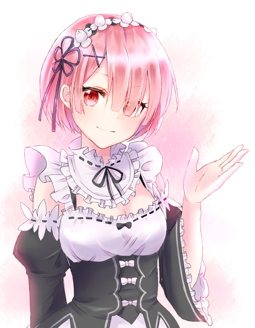 breasts chii_(sbshop) cleavage closed_mouth commentary_request detached_sleeves eyes_visible_through_hair female frills hair_ornament hair_over_one_eye hair_ribbon highres looking_at_viewer maid maid_headdress medium_breasts pink_hair purple_ribbon ram_(re:zero) re:zero_kara_hajimeru_isekai_seikatsu red_eyes ribbon roswaal_mansion_maid_uniform short_hair smile solo x_hair_ornament