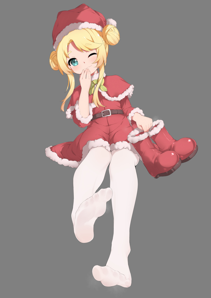 ;3 absurdres blonde_hair boots bow bowtie capelet chashuwu christmas closed_mouth double_bun dress feet female full_body fur-trimmed_boots fur-trimmed_capelet fur-trimmed_dress fur-trimmed_headwear fur_trim green_bow green_bowtie green_eyes grey_background hair_bun hand_to_own_mouth hand_up hat highres himesaka_noa holding holding_clothes holding_footwear long_sleeves looking_at_viewer no_shoes one_eye_closed pantyhose red_capelet red_dress red_footwear santa_boots santa_costume santa_hat simple_background soles solo steaming_body toes unworn_boots watashi_ni_tenshi_ga_maiorita! white_pantyhose