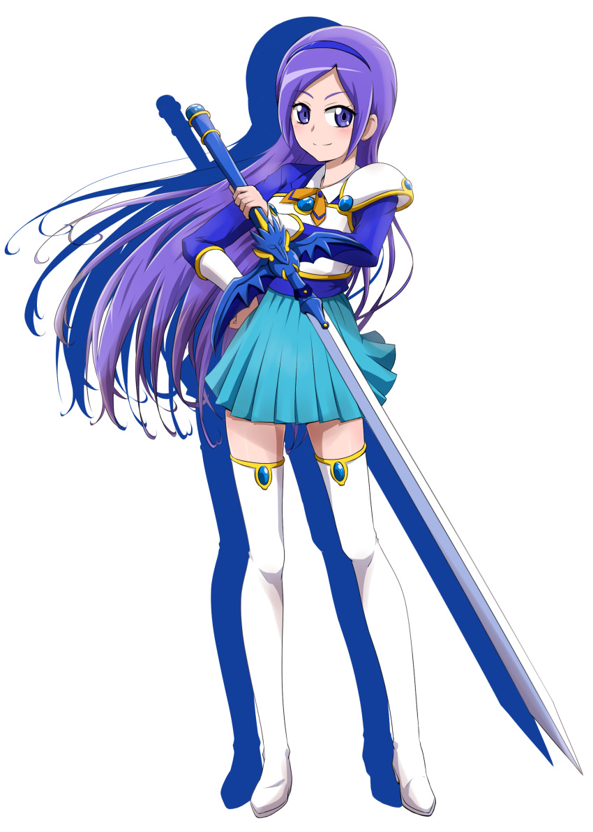 absurdres aono_miki armor blue_eyes blue_hairband blue_shirt blue_skirt boots closed_mouth commentary_request cosplay female floating_hair fresh_precure! full_body hairband hand_on_own_hip highres holding holding_sword holding_weapon long_hair long_sleeves looking_at_viewer magic_knight_rayearth miniskirt nita_(onakatohoppe) parted_bangs pleated_skirt precure purple_hair ryuuzaki_umi ryuuzaki_umi_(cosplay) shirt shoulder_armor simple_background skirt smile solo standing sword thigh_boots thighhighs very_long_hair weapon white_background white_footwear zettai_ryouiki