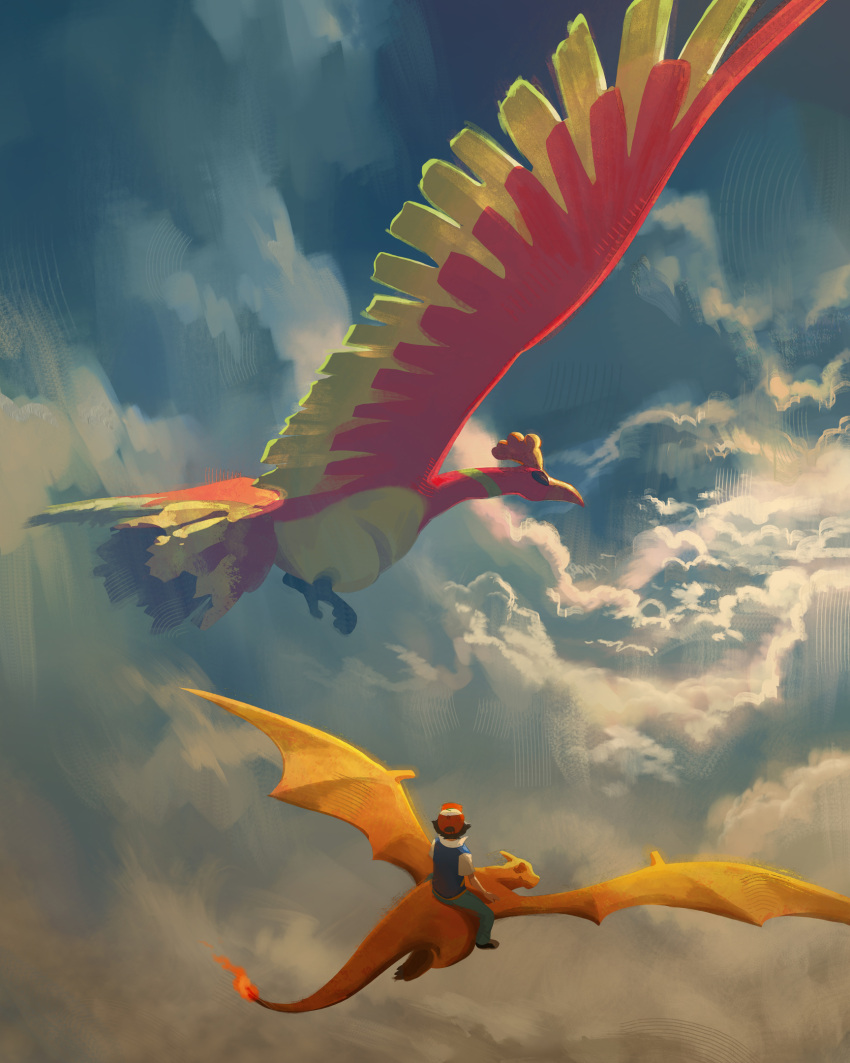 1boy baseball_cap beak black_hair charizard cloud cloudy_sky commentary devin_elle_kurtz english_commentary flame-tipped_tail flying hat highres ho-oh horns jacket midair photoshop_(medium) pokemon pokemon_(anime) pokemon_(classic_anime) pokemon_(creature) riding riding_pokemon satoshi_(pokemon) sky tail talons wings