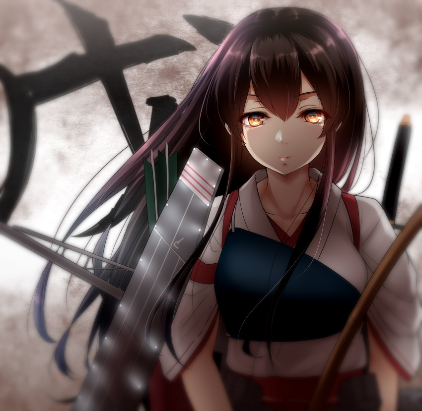 akagi_(kancolle) akagi_kai_ni_(kancolle) bow_(weapon) brown_eyes brown_hair female flight_deck highres japanese_clothes kantai_collection long_hair looking_at_viewer muneate nuka_(nvkka) solo straight_hair tasuki upper_body weapon