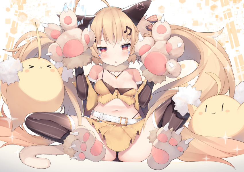 >_< :3 ahoge animal_ears animal_hands azur_lane bare_shoulders belt bird black_legwear black_panties blonde_hair blush breasts cat_ears cat_paws cat_tail chestnut_mouth chick cisyo commentary_request detached_sleeves eldridge_(azur_lane) eldridge_(kitty_idol)_(azur_lane) eyebrows_hidden_by_hair facial_mark fake_animal_ears fake_tail female full_body fur_collar gloves groin hair_between_eyes hair_ornament hairclip hands_up highleg highleg_panties jewelry long_hair looking_at_viewer manjuu_(azur_lane) medium_breasts midriff miniskirt musical_note musical_note_hair_ornament navel necklace official_alternate_costume orange_skirt panties pantyshot paw_gloves paw_shoes red_eyes shoes sidelocks sitting skirt solo_focus sparkle spread_legs striped_clothes striped_thighhighs tail thighhighs twintails underwear vertical-striped_clothes vertical-striped_thighhighs very_long_hair white_background white_belt |_|