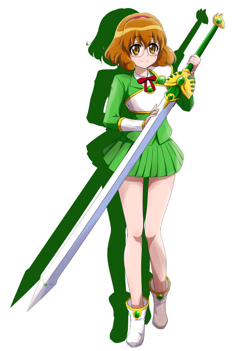 absurdres armor boots bow bowtie brown_eyes brown_hair closed_mouth commentary_request cosplay female fresh_precure! full_body glasses green_jacket green_skirt hairband highres holding holding_sword holding_weapon hououji_fuu hououji_fuu_(cosplay) jacket long_sleeves looking_at_viewer magic_knight_rayearth miniskirt neck_ribbon nita_(onakatohoppe) pleated_skirt precure red_bow red_bowtie red_hairband red_ribbon ribbon shadow short_hair shoulder_armor simple_background skirt smile solo standing sword weapon white_background white_footwear yamabuki_inori