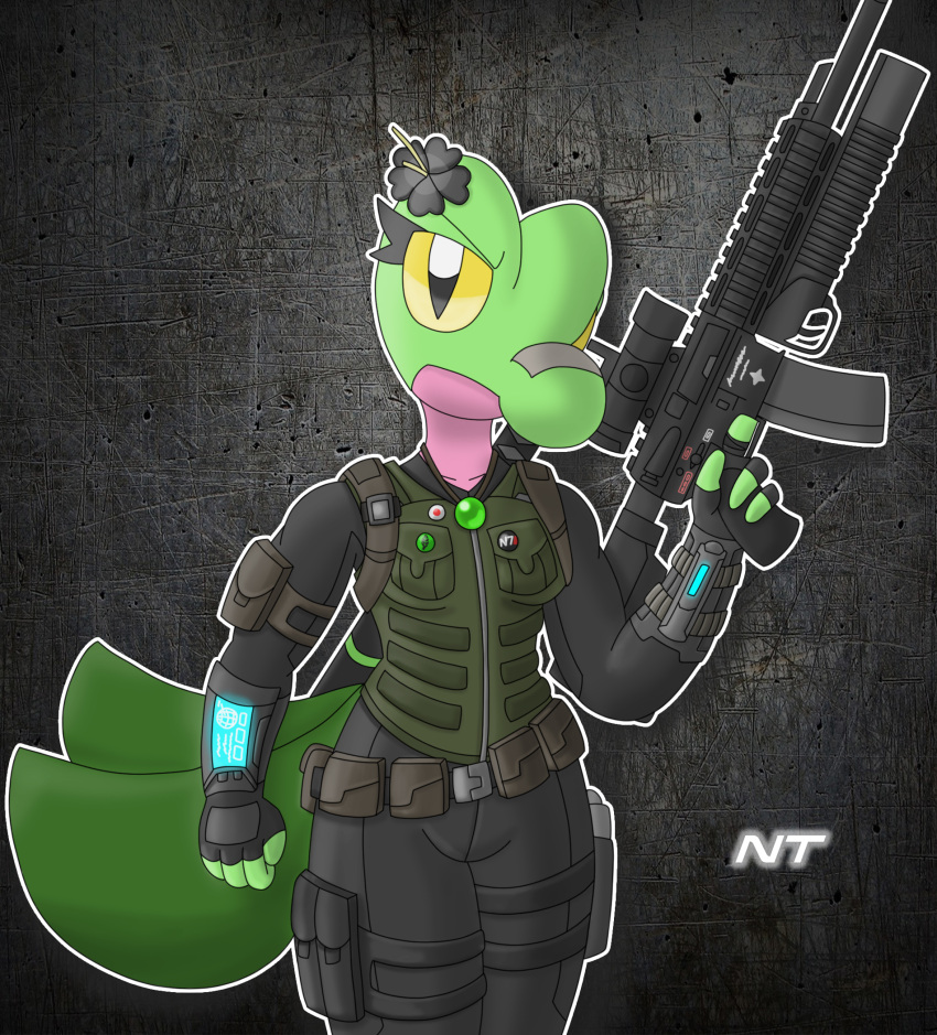 anthro assault_rifle bandage bandage_on_face bandage_on_nose belt black_clothing bulletproof_vest clothed clothing confident eyelashes female fern_shinamori flower flower_accessory flower_on_head fully_clothed generation_3_pokemon green_body green_clothing green_tail green_topwear green_vest grenade_launcher gun hi_res holding_gun holding_object holding_ranged_weapon holding_weapon holster jewelry looking_at_viewer necklace ninjatreecko nintendo plant pokemon pokemon_(species) pokemorph portrait pouches ranged_weapon reptile rifle scalie shaded solo stealth_suit tail three-quarter_portrait topwear treecko utility_belt vest walking weapon weapon_on_back yellow_eyes