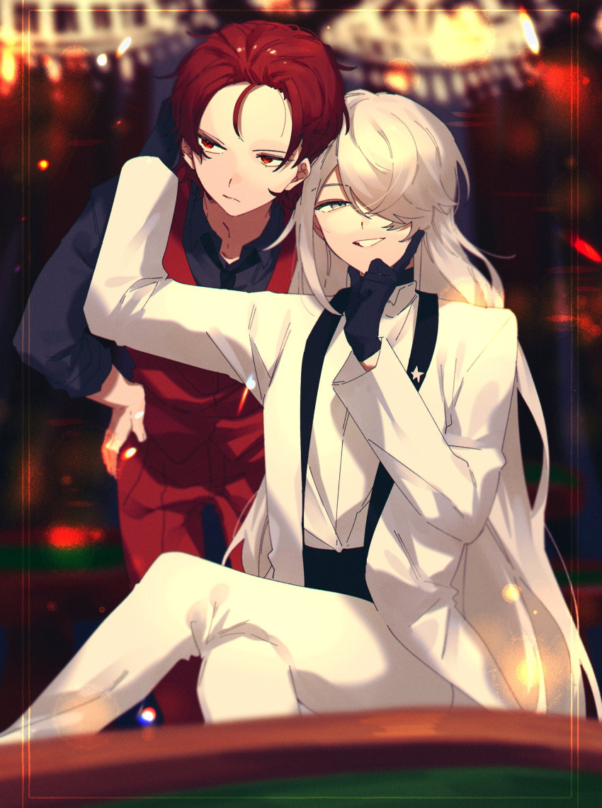 2boys bishounen_series black_gloves black_necktie black_sleeves formal fukuroi_mitsuru gloves grey_eyes hair_over_one_eye hands_on_own_hips highres index_finger_raised ke_b_ta long_hair long_sleeves multiple_boys necktie open_mouth pants red_eyes red_hair red_suit sakiguchi_nagahiro short_hair suit very_long_hair white_hair white_pants white_sleeves white_suit