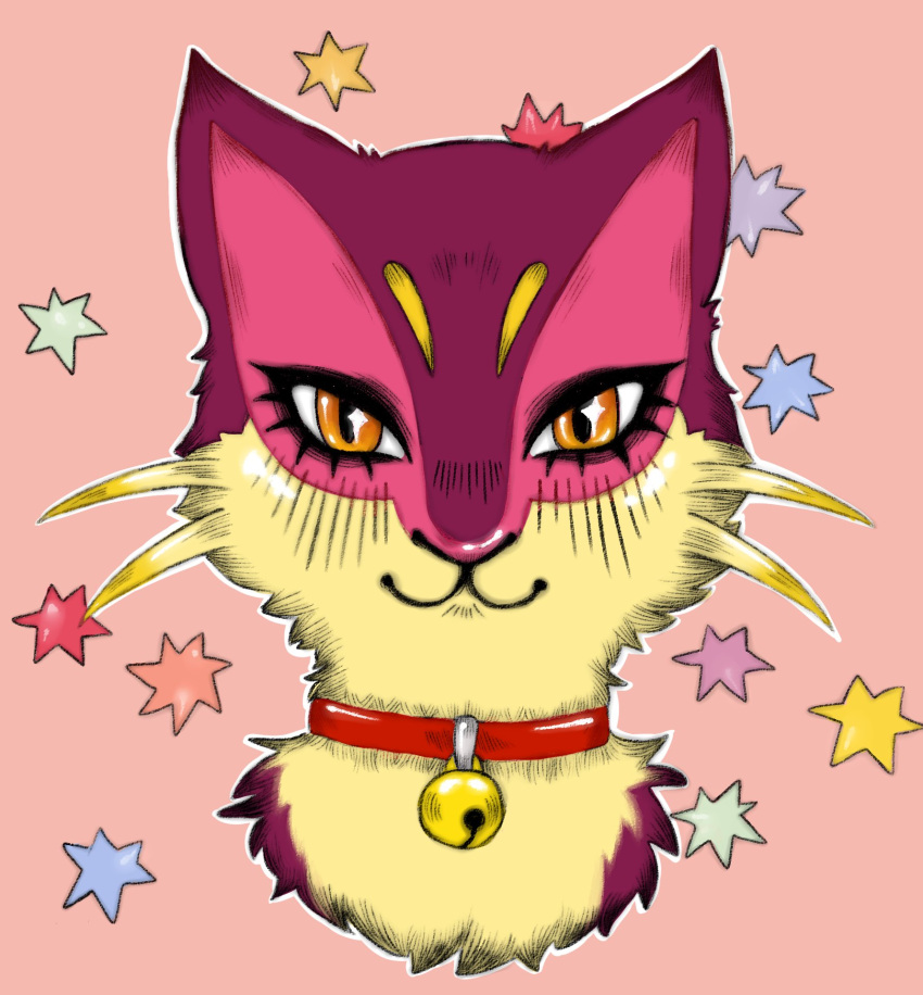 bell bell_collar collar felid female fur generation_5_pokemon headshot_portrait hi_res liepard looking_at_viewer mammal nintendo origam1noxy outline pokemon pokemon_(species) portrait red_felyne shiny_pokemon simple_background smile smiling_at_viewer solo star