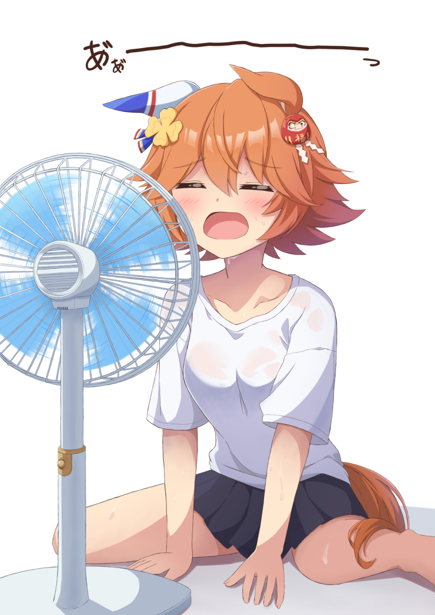 animal_ears bad_id bad_pixiv_id blush breasts closed_eyes ear_covers ears_down electric_fan fan_speaking female highres horse_ears horse_girl horse_tail matikanefukukitaru_(umamusume) medium_breasts open_mouth orange_hair orange_tail pleated_skirt see-through see-through_shirt shirt short_hair short_sleeves single_ear_cover sitting skirt solo sweat sweaty_clothes t-shirt tail umamusume wariza yuki_(user_tjvn3757)