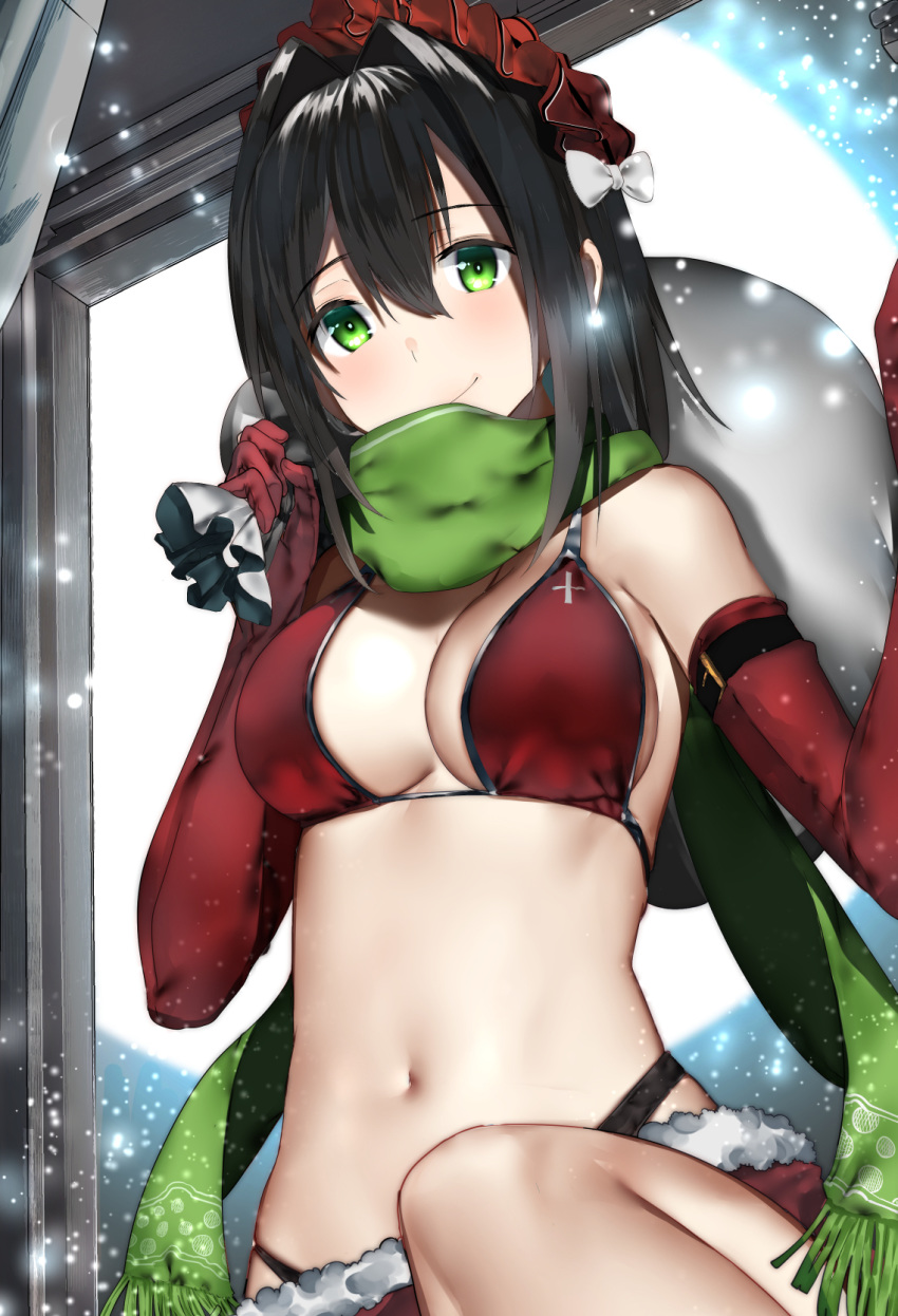 araido_kagiri bare_shoulders bikini black_hair blurry breasts christmas cleavage commentary_request elbow_gloves female fringe_trim fur_trim gloves green_eyes hair_between_eyes hair_intakes headdress highres holding holding_sack large_breasts looking_at_viewer medium_hair navel original red_bikini red_gloves sack santa_bikini scarf smile snowing solo stomach swimsuit upper_body