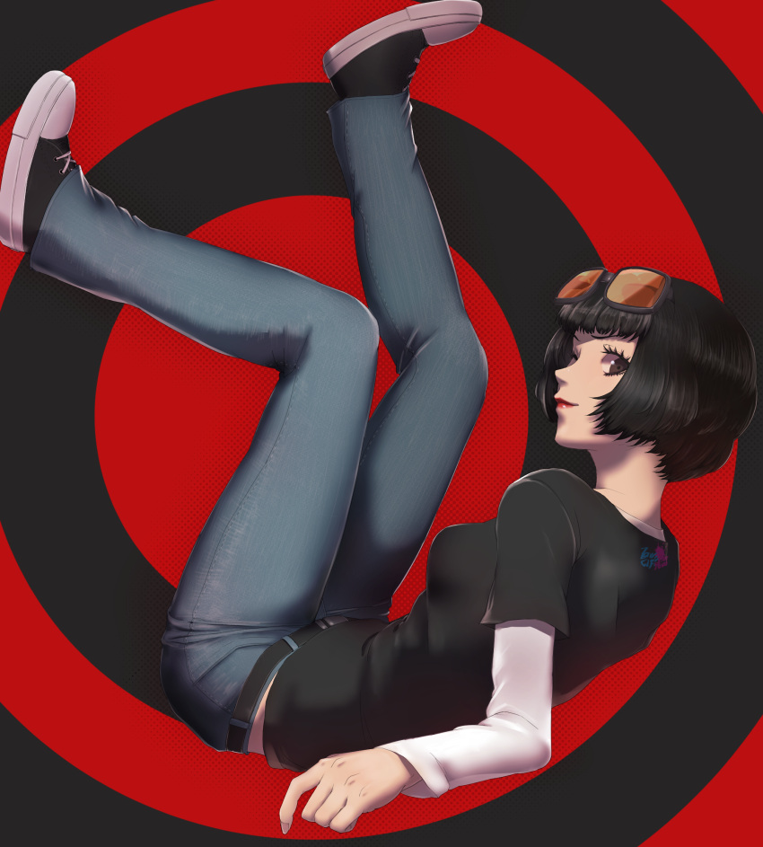 belt black-framed_eyewear black_background black_belt black_eyes black_hair black_shirt bob_cut denim eyewear_on_head female from_side full_body grey_pants highres layered_sleeves long_sleeves looking_at_viewer ohya_ichiko orange-tinted_eyewear pants persona persona_5 red_background red_lips shirt short_hair short_over_long_sleeves short_sleeves solo sunglasses tinted_eyewear two-tone_background umenituru white_sleeves