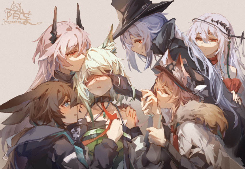 6+girls absurdres amiya_(arknights) animal_ear_fluff animal_ears arknights artist_name black_gloves black_headwear black_jacket blindfold blue_eyes braid brown_hair bunny_ears cat_ears chinese_commentary demon_horns dress gladiia_(arknights) gloves green_dress green_hair grey_hair hat heidi_(arknights) highres holding_hands hood hood_down horns huge_filesize jacket kal'tsit_(arknights) leash leash_pull long_hair lynx_ears moyu_marginal multiple_girls necktie oerba_yun_fang off-shoulder_dress off_shoulder oripathy_lesion_(arknights) pink_hair red_eyes red_neckwear skadi_(arknights) skadi_the_corrupting_heart_(arknights) theresa_(arknights) very_long_hair yuri