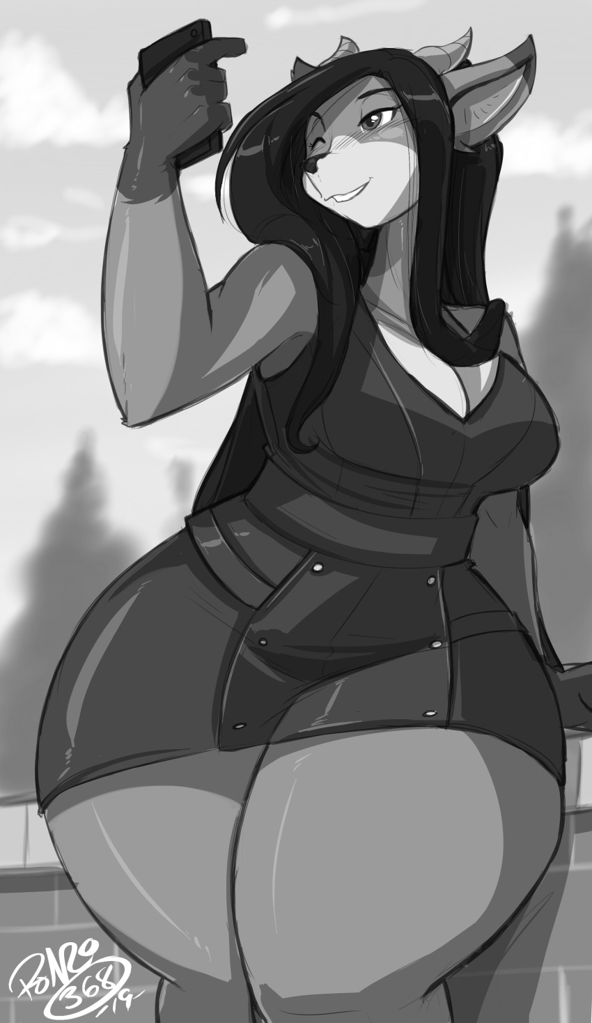 absurd_res anthro breasts cellphone cleavage clothed clothing deer dress electronics female hair hi_res horn long_hair mammal monochrome one_eye_closed phone raye_(jwinkz) shonuff solo thick_thighs wink