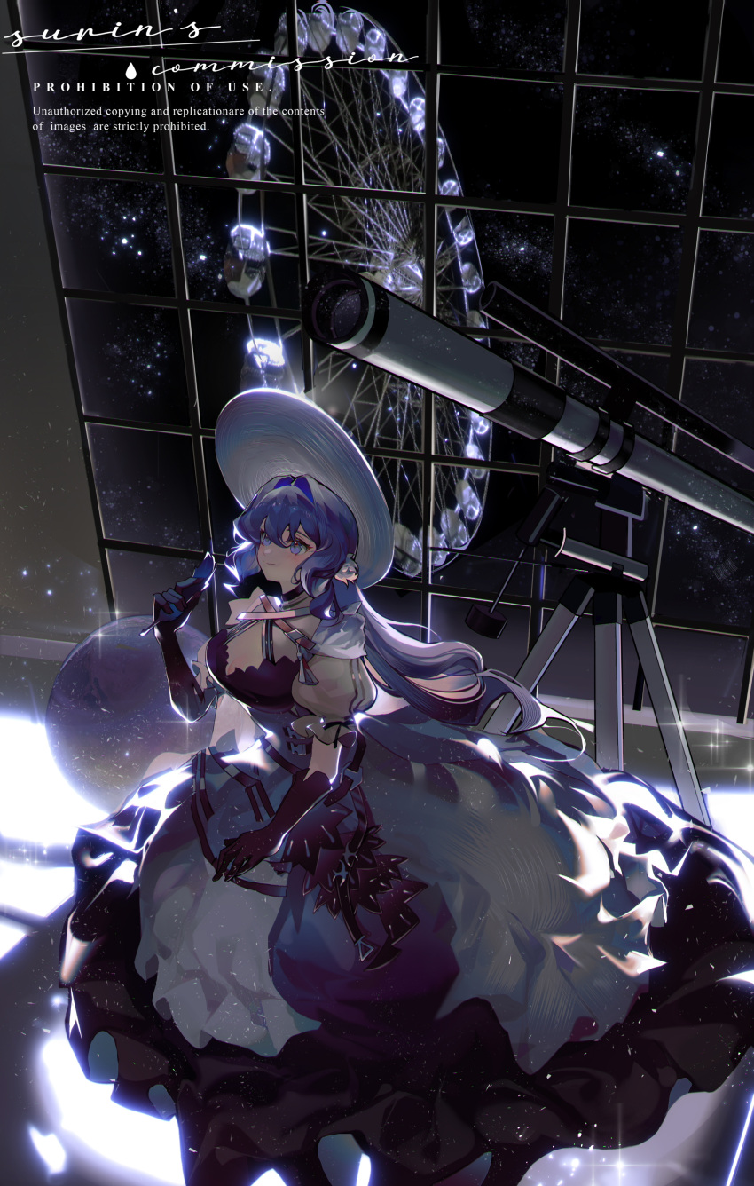 absurdres arknights astesia_(arknights) astesia_(starseeker)_(arknights) black_dress black_gloves black_ribbon blue_dress blue_eyes blue_hair breasts capelet clear_sky cleavage closed_mouth commentary_request criss-cross_suspenders dress dress_straps english_text evening feathers female ferris_wheel frilled_dress frills gloves hair_between_eyes hair_intakes hat highres holding holding_feather indoors large_breasts long_hair medium_breasts night night_sky puffy_short_sleeves puffy_sleeves ribbon short_sleeves skirt sky smile solo star_(sky) starry_sky strap surin_(65889544) telescope text_background two-tone_dress white_hat window