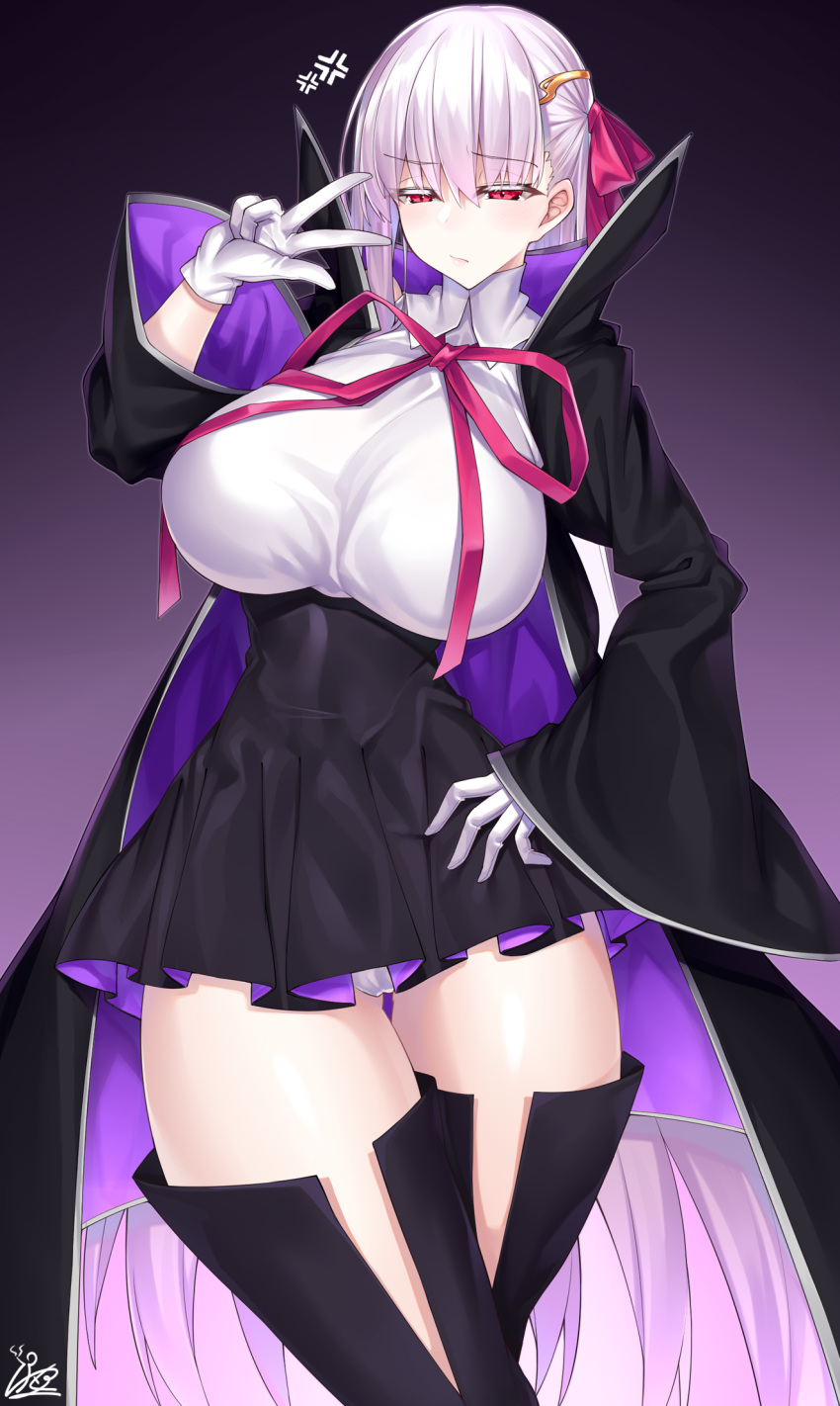 anger_vein bb_(fate) bb_(fate/extra) bb_(fate/extra)_(cosplay) black_coat black_skirt black_thighhighs blush breasts circlet coat commentary_request cosplay fate/extra fate/extra_ccc fate/grand_order fate_(series) female gloves gradient_background hair_ribbon high-waist_skirt highres kama_(fate) leotard long_hair long_sleeves looking_at_viewer neck_ribbon open_clothes open_coat popped_collar purple_background red_eyes red_ribbon ribbon skirt thighhighs thighs very_long_hair w watosu white_gloves white_hair white_leotard wide_sleeves