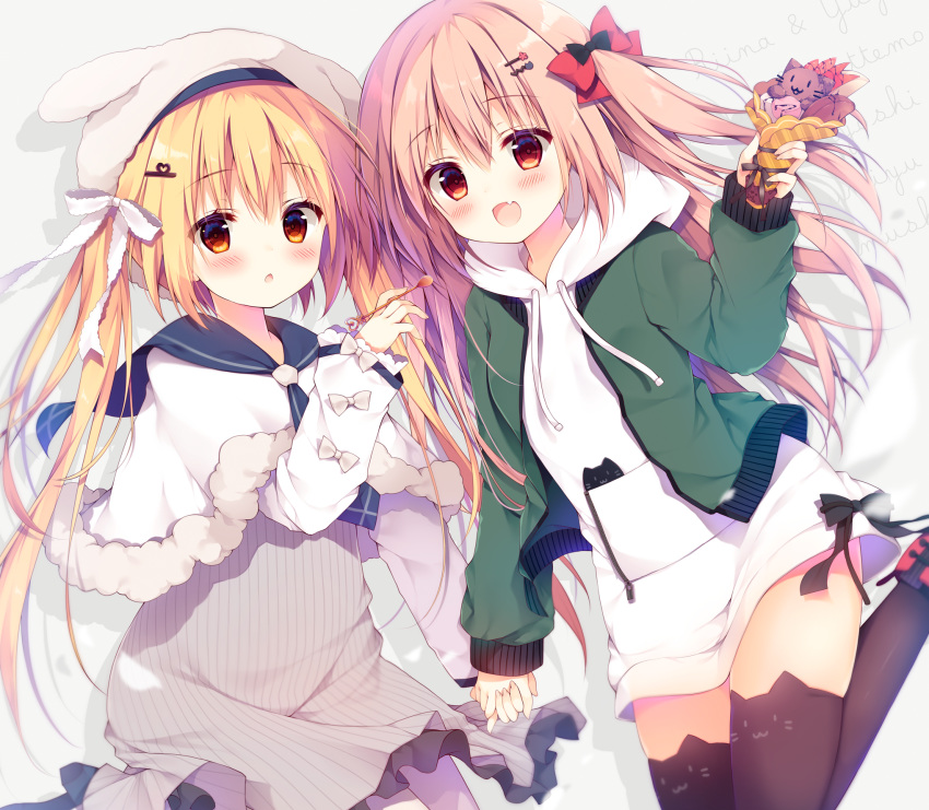 2girls :d :o animal_ear_legwear animal_ears animal_hat black_legwear blonde_hair blue_sailor_collar blush bow brown_eyes brown_hair capelet cat_ear_legwear commentary_request drawstring dress fake_animal_ears food fur-trimmed_capelet fur_trim green_jacket grey_dress hair_ornament hairbow hairclip hat heart heart_hair_ornament highres holding holding_food holding_hands holding_spoon hood hood_down hoodie interlocked_fingers izumiyuhina jacket long_hair long_sleeves looking_at_viewer multiple_girls oerba_yun_fang open_clothes open_jacket open_mouth original parted_lips rabbit_ears rabbit_hat red_bow red_eyes ribbed_dress sailor_collar sleeves_past_wrists smile spoon thighhighs twintails very_long_hair white_bow white_capelet white_headwear white_hoodie